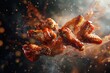 Chicken wings levitating in a barbecue sauce whirlwind
