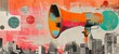 © Good moose - Vibrant collage art featuring a megaphone set against a mixed-media background with urban skyline imagery. The composition combines retro and contemporary elements