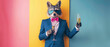 A dapper raccoon in a tuxedo and sunglasses, making a toast against a vibrant backdrop