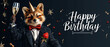 A fox in a smart suit and bowtie toasts with a glass of champagne, celebrating with 'Happy Birthday' text