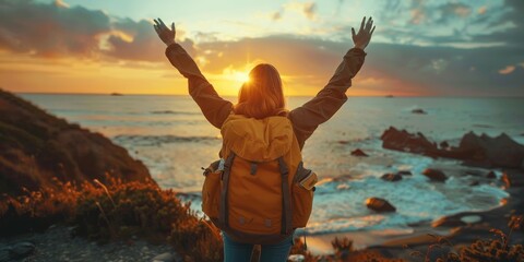 Confident woman with backpack with arms up relaxing at sunset seaside during a trip , traveler enjoying freedom in serene nature landscape, Generative AI