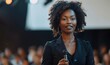 Black afro American businesswoman delivering a powerful keynote address at a conference standing on stage with confidence addressing a diverse audience with her insights in the business, Generative AI