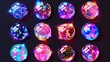 Hologram stickers from the y2k 2000s. Round holographic blurry neon circles. Futuristic rave vibrant buttons, highlight covers with abstract symbols, stars, sparks, flowers. Trendy modern vivid