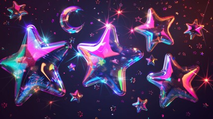 isolated 3d holographic stars in y2k futuristic style with falling and flying stars, blings, moon an