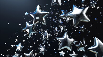 Poster - 3d chrome stars set in a y2k futuristic style isolated on a dark background. Render 3d cyber chrome galaxy emoji with falling and flying stars, blings, moon, and sparks.