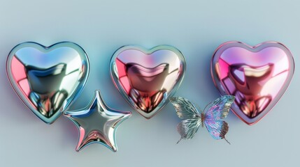 Poster - A Y2K chrome color set shape isolated on a blue background. 3D liquid metal elements heart, butterfly, and star.