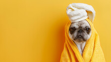 A Quirky And Amusing Portrait Of A Dog Wearing A Yellow Towel And A Towel Hat With A Comically Sad Expression