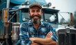 Young male truck driver standing in front of his truck, arms crossed, smiling at the camera, bearded man, wearing a hat, Generative AI
