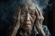Forgetful asian senior woman with amnesia, brain disease, patient holding head with her hands, suffering from senile dementia, memory disorders, confused old elderly with Alzheimer's, Generative AI