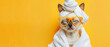 A whimsical cat gets the spa treatment, wrapped in a towel and turban, highlighted by a vibrant yellow backdrop
