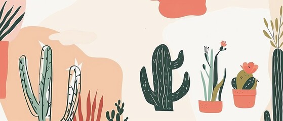 Wall Mural - Decorative hand drawn modern cactus without pots in pink with green lines.