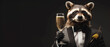 An image of an anthropomorphic raccoon in a black-tie affair, crisply dressed, toasting with a champagne glass