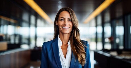 A professional portrait of a joyful businesswoman exuding confidence, dressed in a stylish suit, and looking directly into the camera