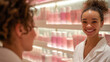 A beautiful female employee who sells skin care products, hair care products, and nourishing creams to customers.
