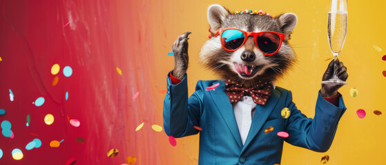 Wall Mural - Joyous raccoon in a blue suit and sunglasses with confetti around, celebrating