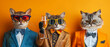 Three cats posing in suits with champagne glasses, each exhibiting its own style and fashion sense