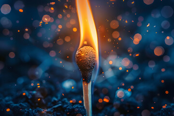 Canvas Print - A burning match with a bright flame on an abstract background and bokeh of sparks. Concept: Fire danger, Idea and inspiration, fire safety. Banner with copy space