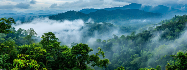 Wall Mural - Panoramic view of misty rainforest trees with fog and rays, showcasing the natural beauty of a lush tropical rainforest canopy. Drone view with copy space.