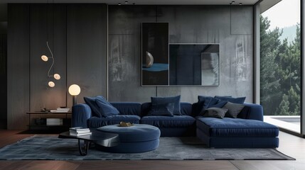 Wall Mural - Modern living room interior design with navy blue sofa, Generative AI