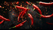 Hot red pepper, Flying composition on black background