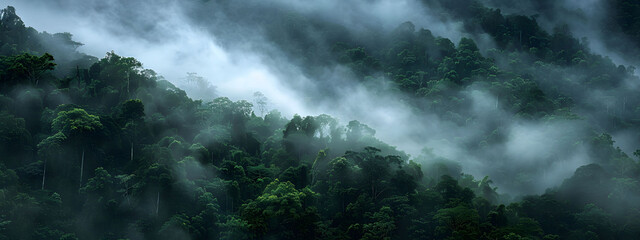 Wall Mural - Panoramic view of misty rainforest trees with fog and rays, showcasing the natural beauty of a lush tropical rainforest canopy. Drone view with copy space.