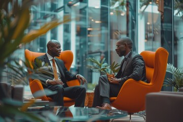 Wall Mural - Business executive discussion with employee meeting in office lobby. Two diverse professionals discussing project strategy and corporate plan of their, Generative AI