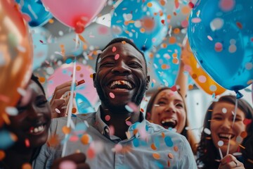 Group of diverse multiethnic business people and colleagues having fun together at celebration of a successful target at office building. Confetti and, Generative AI