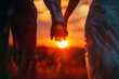 Wedding couple holding hands on sunset background, Generative AI