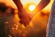 Wedding couple holding hands on sunset background, Generative AI