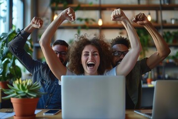 Happy diverse successful business team celebrating a triumph with arms up in startup office. Multiethnic business group with laptop screaming and holding fists, Generative AI