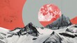 Abstract Mountain Range with Red Moon and Geometric Shapes