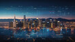 Financial graphs and digital indicators overlap with Double exposure of night skyscrapers San francisco city office buildings background. Banking, financial and trading concept.