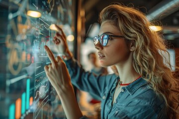 Wall Mural - Group of young modern people in smart casual clothes planning business strategy while young woman pointing at infographics displayed on glass wall in, Generative AI