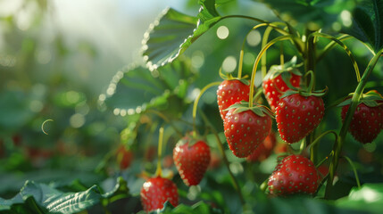 Wall Mural - Close-Up: Ripe Strawberries on Plant in Plantation Setting
