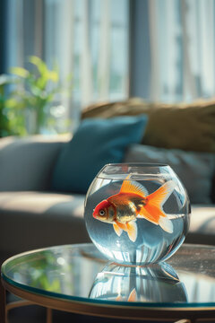 Single Oranda Goldfish Swimming in Sophisticated Asian Apartment Decor
