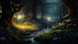 A mystical forest with glowing flora and fauna