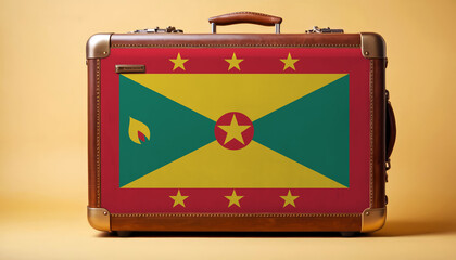 Grenada flag on old vintage leather suitcase with national concept. Retro brown luggage with copy space text.