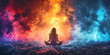 girl in lotus position meditates in cloud in sky. Back of woman on a magic fantastic background