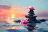Fototapeta Desenie - Zen Serenity - Spa Stones and Waterlily Floating in a Lake at Sunset. Made with Generative AI Technology