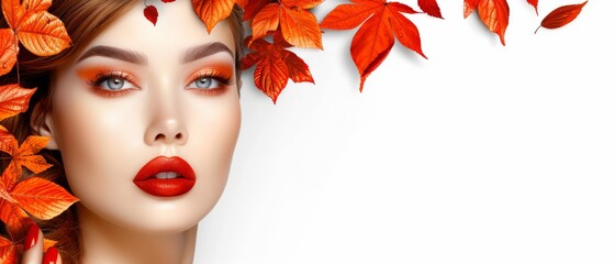 Wall Mural -  A woman's face surrounded by red leaves on a white background with a white space in the middle