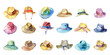 Set of watercolor beach hats on white background.