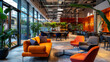 © khonkangrua - Stylish and modern corporate lounge with vibrant furniture, green plants, and a spacious layout for informal meetings and relaxation.