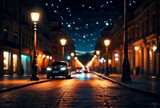 Fototapeta Uliczki - Abstract bokeh background of night street with car and street lamps. City life, defocused lights from cityscape, style color tone. Concept of abstract stylish urban backgrounds for design. Copy space