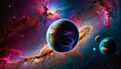 Space scene. Colorful nebula with planet and two trail. Elements furnished