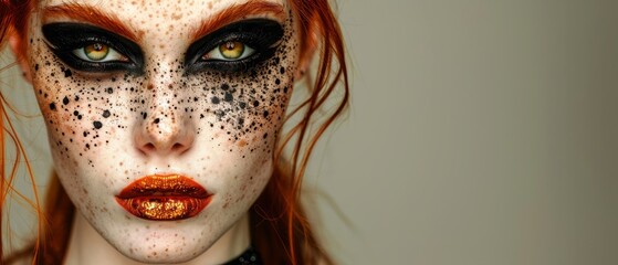 Wall Mural -  A close-up of a woman's face with black and orange makeup and freckles