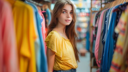 Wall Mural - Young woman choosing clothes at apparel store