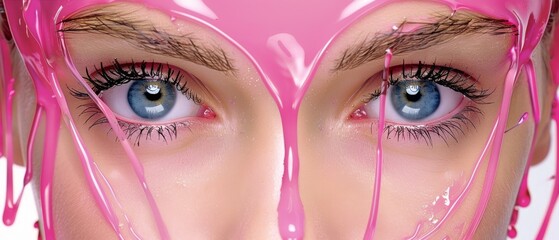 Wall Mural -  A detailed image of a female face adorned with pink makeup and blue eyes in close-up