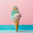 crazy colored ice cream in a cone standing ona blu and pink background

