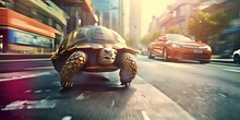 Super Fast Turtle Running At High Speed On The Street Between Cars In Strategy And Innovation Concept 4K Video