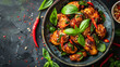 Succulent chicken stir-fry with fresh basil and hot chili, served on a rustic ceramic plate.